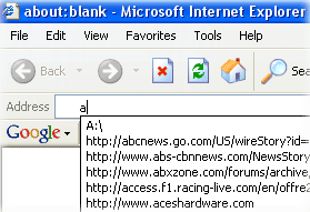 This picture shows how Internet Explorer reveals the addresses of the pages that are visited in the past (web history), when you start typing an address