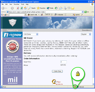 A secure page open with Internet Explorer. Note the locked padlock icon on the bottom of the window, which indicates that this is indeed a secure page.