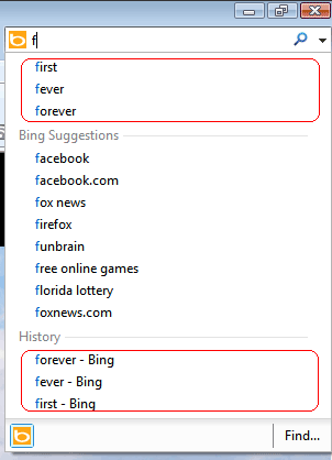 Internet Explorer address bar shows the search history, the search suggestions and the search results history